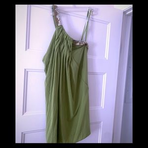 Amazing unique beaded one shoulder green dress.